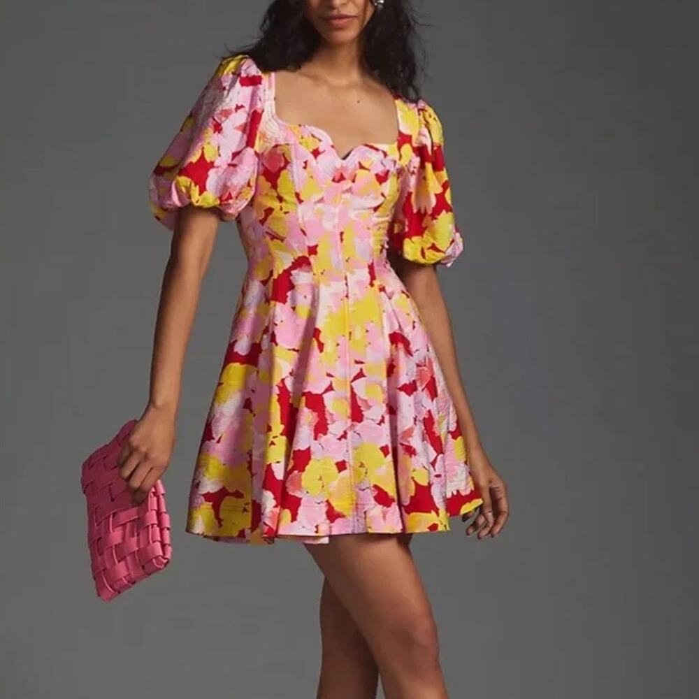 Anthropologie Floral Puff Sleeve Fit and Flare Mini Dress Size 6 NWT Pink Yellow